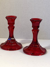 VTG mid-century set of two Indiana glass Ruby red candle stick holders NOS ￼ picture