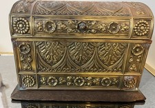 Antique Victorian Brass Letter Caddy Stationery Box Ornate Wood Interior c 1900 picture