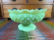 Fenton Footed Green Milk Glass Hobnail Candleholder Compote Glows picture