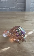 Fenton Lenox Glass Turtle Figurine Pink Iridescent Hand Painted Purple Flowers picture