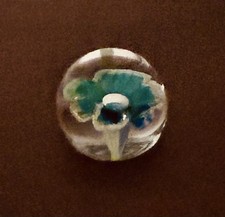 Vintage Hand Blown Glass Paperweight-Teal/Blue Flower Design w/Controlled Bubble picture