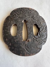 Japanese Iron Tsuba Dragon Carving Mokko Signed Artist Sword Fitting picture