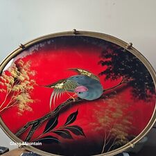 Vintage Reverse Painting Foil Abalone Bird Trees Brass Glass Serving Tray picture