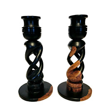 Pair Carved Wood Ebony Black Brown Twist Candle Holder Candlesticks Two Toned 6