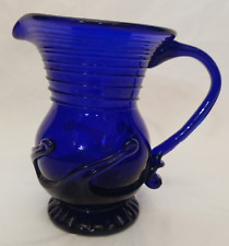 Vintage Cobalt Blue Handblown Art Glass Pitcher - Lily Pad Liberty Village 1976 picture