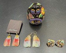 Vintage Laurel Burch Cat Earrings Lot & 1996 Flowering Feline Figurine picture