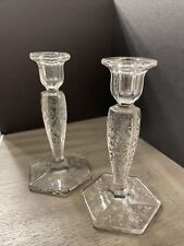 SET OF 2 Antique Fostoria Etched Floral Glass Single Candle Stick  1915-1925 picture