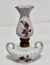 Vtg RoseBud Floral Oil Lamp GenieAladdin Porcelain Japan FingerLoop Goldtrim picture