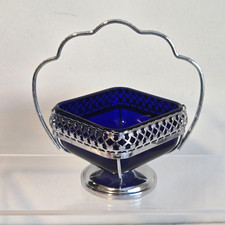 VTG Cobalt Blue Glass Stainless Chromium Plate Sugar Bowl Candy Dish Condiments picture