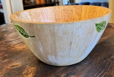 Clay Art Salad Bowl Wooden Green Leaf Hand Painted Large Serving 1999 Thailand picture
