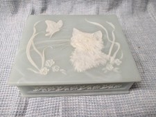 Vintage Incolay Stone Jewelry Box with Cat Kitten Butterfly | Hand Crafted picture