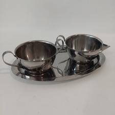 Vintage Linmark Stainless Japan Cream & Sugar Set Tray MCM Danish Modern 3 Pc picture