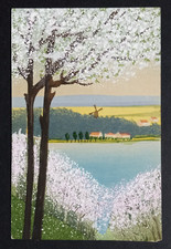 Hand Painted Scenic View Windmill Postcard c1910s Trees Blossoms Mountains UNP picture