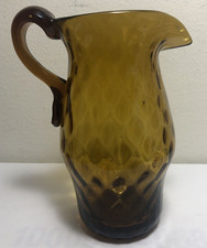 Vtg Hand Blown Amber Brown 5-1/2” Glass Pitcher Applied Handle Diamond Pattern picture
