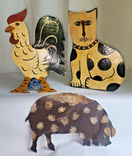 Vintage Folk Art Tin Silhouette Lot of 3 - Hand Painted Rooster, Cat, Pig picture