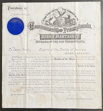 Elegant 1875 Pennsylvania Commission Signed By Governor picture