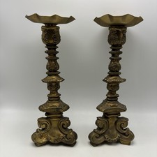 Pair Vintage Ornate Brass Look Candlesticks Heavy Large Baroque Gothic Decor 19
