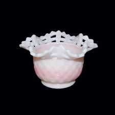 Fenton Glass Pink Rosalene Open Edge Basket Weave Bowl ~ Chip picture