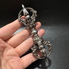 Vintage Himalayan Iron Ritual Vajra Detailed FivePronged Dorje withSilver Patina picture
