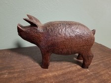 Vintage Folk Art Hand Carved Wood Boar Pig Statue Figurine picture
