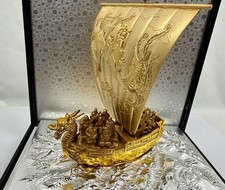 Vintage Japan Seven Lucky Gods Gold Tone Dragon Treasure Ship Takarabune W/Case picture