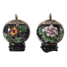 Vintage Cloisonné Mini Vases Enameled Floral Black Pair 3