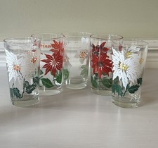 Five Vtg. Boscul Peanut Butter Glasses Christmas 2 White Poinsettia 2 Red 1 Rose picture