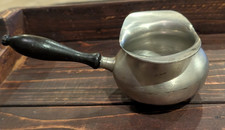 Vintage Pewter Small Sauce Pan Porringer Wood Handle Primitive Kitchen Decor picture