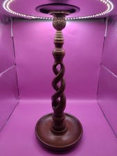 Antique / Vintage English Oak & Brass Open Barley Twist Candlestick Holder picture