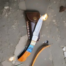 Vintage Custom Damascus Pocket Folding Lockback Dagger Knife Leather Sheath picture