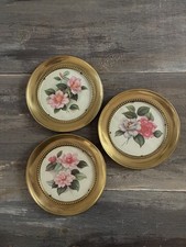Vintage 70s Round Brass Frames (5”) With Roses Made In England Set Of 3 MCM picture