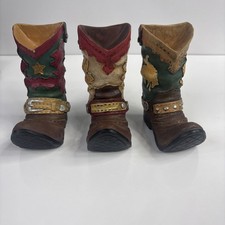 3  VTG Western Lone Star Cowboy Boot Wall Plaques Art Hooks Hand Painted 5 in picture