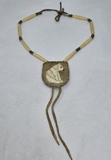 VTG NATIVE AMERICAN PORCUPINE QUILLED BEAR LEATHER PENDANT BONE & CHEVRON BEADS picture