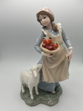 Lladro style 4405 porcelain Sheep Lamb Woman Girl Figurine  Country Basket 9.5