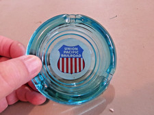 VINTAGE BLUE GLASS ADVERTISING ASHTRAY UNION PACIFIC RAILROAD UPRR picture