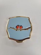 VTG Stratton England Mini Pill Box Gold Enamel Red Breast Winter Birds picture