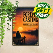 Sunset Lake Fishing Memorial Sign Silhouette Angler Tribute Metal Tin Plaque picture