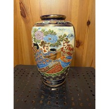 Vintage Japanese Satsuma Moriage Vase Cobalt Blue Gold Gilt Hand Painted 8.75 picture