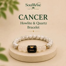 Cancer Zodiac Bracelet Howlite Clear Quartz Handmade Crystal Beaded Gift picture