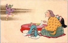 Vintage Postcard Japanese Art Scene Ukiyo Style Dining Table Figures Illustratio picture