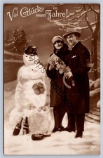 K65/ Interesting RPPC Postcard c1910 Christmas Wishes Snowman Couple  11 picture