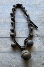 Antique 19th C Graduated Brass Petal Sleigh Bells on Leather Harness Strap picture