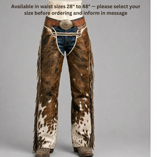 Brown White Cowhide Leather Fringe Chaps Western Rodeo Riding Overpants Men picture