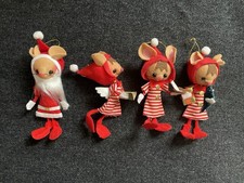 4 Vtg 1960s Elf Santa Flocked Felt Christmas Mouse Ornaments picture