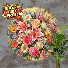 Vibrant Multicolor Floral Bouquet Round Metal Tin Sign Spring Decor 8x8 picture