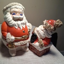 Vintage 1960s Glazed Ceramic 2 Santa Figurines   Spaghetti Trim Bank Chimney  picture