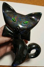 Vintage Mid Century Flat Face Atomic Cat Figurine Iridescent W Green Jewel Eyes picture