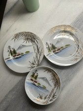 Vintage KUTANI Japan 2 small Plates 1 saucer -Painted Mt Fuji Scenic - RARE picture