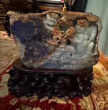 A rare and large Chinese jade carved ornament on wood carve stand picture