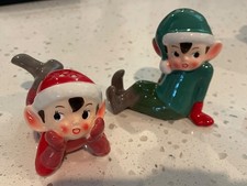 Vintage Elf Pixie Salt & Pepper Shakers Kitsch Ceramic Huge Ears Christmas Hats picture